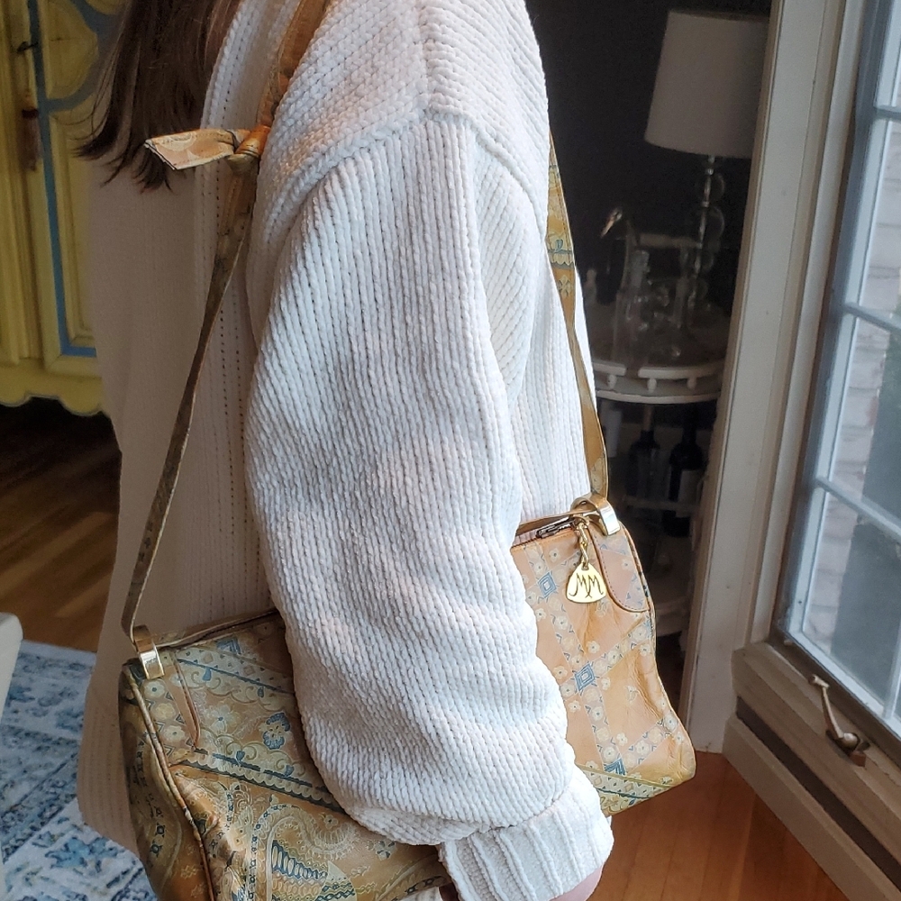 1980s VINTAGE MORRIS MOSKOWITZ Tan and Blue Women's Paisley LEATHER Bag